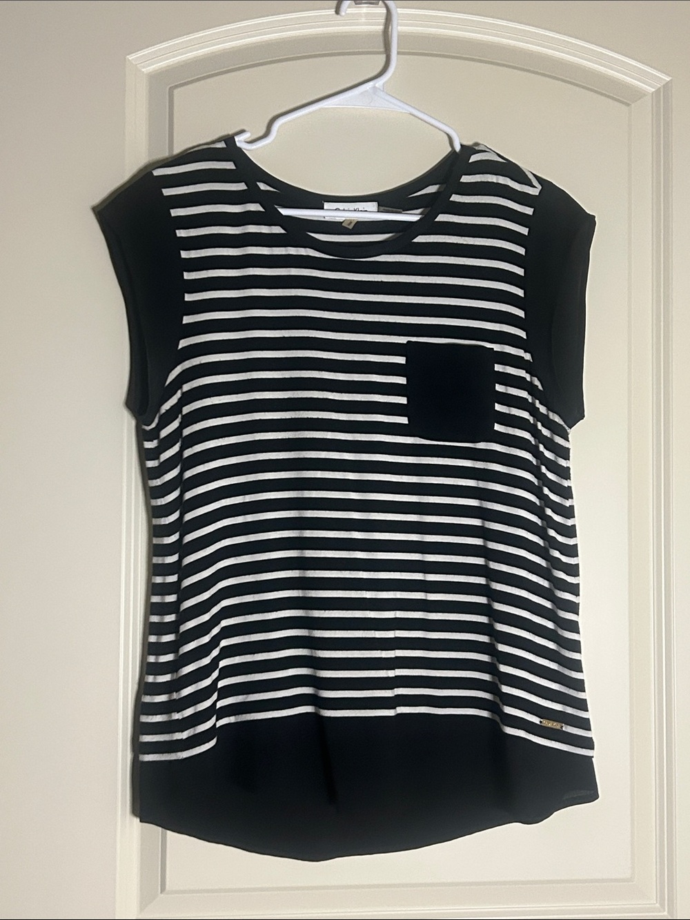 Calvin Klein Black & White Striped Sleeveless Pocket Tank Top